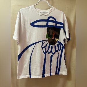 Zara x Justine Franco Abstract Face Graphic Art Tee White Cotton Top Size S
